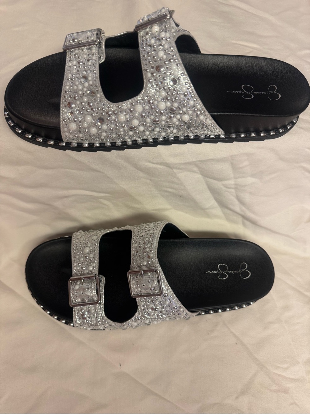 Jessica Simpson Silver Crystal Double-Buckle Slide Sandals - Picture 3 of 3
